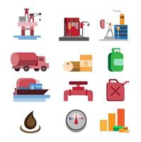 Conjunto de iconos de la industria de petróleo y gas, gasolina, gasolinera, ilustración plana de refinería de petróleo vector