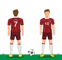 Soccer player in red uniform symbol icon set from rear and front view sport soccer jersey concept in cartoon illustration vector