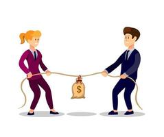 Business man and woman pulling rope or tug of war to get money in bag. business competition concept in cartoon illustration vector