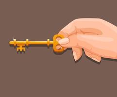 Mantenga a mano el símbolo de la llave dorada para desbloquear la puerta o el cofre del cofre del tesoro concepto en el vector de ilustración de dibujos animados