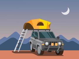 expedition with suv car, auto camping tent, tent on the roof of the car, adventure trip, flat vector illustration