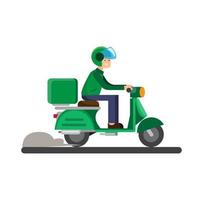 Delivery concept icon featuring courier rinding green shipping motorbike, Man biker in helmet riding green motorcyle illustration vector