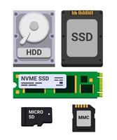 conjunto de iconos de colección de almacenamiento de computadora, hdd, ssd y micro sd. vector de ilustración de estilo plano aislado en fondo blanco