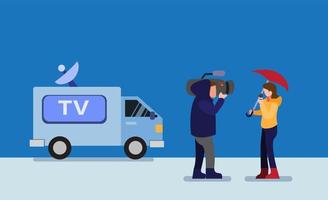 journalist reporter and tv news van in winter season disaster cartoon flat illustration editable vector