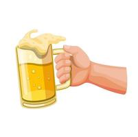 Hand holding beer in glass mug, toast and cheer symbol in cartoon illustration vector isolated in white background