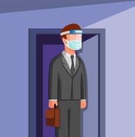 Man Outside Door go to Work wear Face Shield and Mask, People Office Worker Working in New Normal Activities in Cartoon illustration Vector