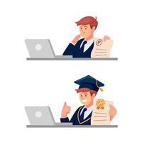 Teenager boy student learning from online course with paper test result concept in cartoon illustration vector isolated in white background