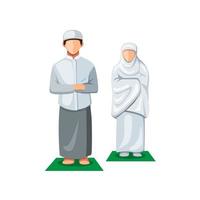 musulmanes rezando en la vista frontal. par de personas rezan también conocido como shalat con sarong e hijab en la religión del islam en vector de ilustración de dibujos animados aislado sobre fondo blanco