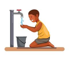 niño africano feliz beber agua. Ayudar al niño de la crisis del agua en el concepto de símbolo de África en el vector de ilustración de dibujos animados en blanco
