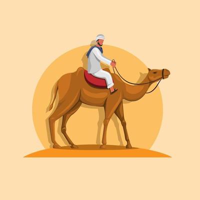 Arabic man riding camel in sand middle east asia tourist attraction concept cartoon illustration vector