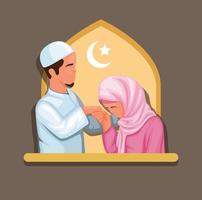 hija de familia musulmana apretón de manos y disculparse con el padre en el vector de dibujos animados de ilustración de celebración de Ramadán