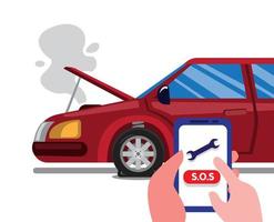 Llame a la asistencia de emergencia en la carretera con un teléfono inteligente en un accidente automovilístico. concepto de servicio de seguro de automóvil en vector de ilustración plana de dibujos animados aislado en fondo blanco