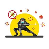 La máscara de desgaste ninja destruye el virus de las bacterias celulares con la espada katana. Pose de ninja detrás de la puesta de sol. en vector de ilustración plana de dibujos animados