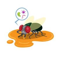 las moscas aterrizan en restos de comida en el piso con bacterias, insecto sucio en vector de ilustración plana de dibujos animados aislado en fondo blanco