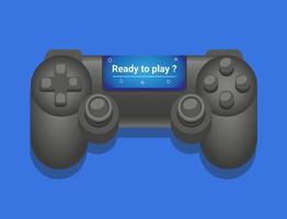 consolar gamepad con pantalla con texto listo para jugar. vector de ilustración aislado en fondo azul