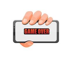 hand holding smartphone with game over symbol for gaming app concept in cartoon illustration vector