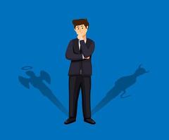 businessman standing with his devil and angel shadow. decision making concept in cartoon illustration vector