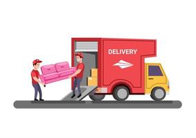 sofa delivery or moving van furniture service concept in flat cartoon illustration vector on white background