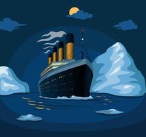 Titanic crucero navega en el iceberg del mar en la ilustración de la escena nocturna en el vector de dibujos animados