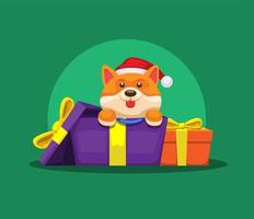 Puppy out from gift box christmas season cartoon illustration vector