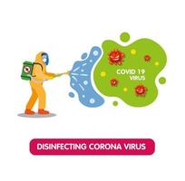 Medical scientist in hazmat suit disinfecting corona virus, prevention infection disease spread in flat illustration vector isolated in white background