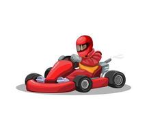 Ir al personaje de corredor de karts en uniforme rojo. Competencia deportiva de carreras de conducción profesional en vector de ilustración de dibujos animados sobre fondo blanco