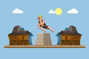 Stone Jumping or Hombo Batu was a virility ritual for boys in Nias Island Indonesia. boy jump over a 6 feet stone to prove his manhood concept in cartoon illustration vector