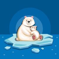 Polar bear family on ice shrink to arctic sea. stop global warming illustration concept in cartoon vector