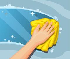 Hand wiping dirty glass cleaning window house or car with fabric concept in cartoon illustration vector