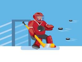portero de hockey sobre hielo intenta atrapar muchos discos, personaje de portero de hockey en el juego de deporte de hockey sobre hielo con fondo azul en vector editable de ilustración plana de dibujos animados