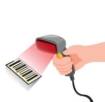 hand holding barcode scanner, product price identification in convenience store or mall cartoon flat illustration vector