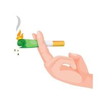 mano que sostiene el cigarrillo con medio dinero quema el fuego, mal hábito malgastar dinero metáfora de las finanzas. concepto en vector de ilustración plana de dibujos animados aislado en fondo blanco