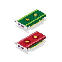 Graphic card, Desktop Computer internal parts, hardware for performance and gaming pc in red and green color in isometric flat illustration vector