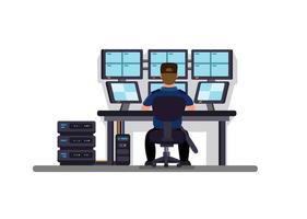 Security in Control CCTV Room, Building Security Guard Sitting and Watching Camera Monitor from back view. Concept Cartoon Flat illustration Vector on white background