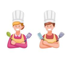 Hombre y mujer cocinando en la ilustración de símbolo de cocina en vector de ilustración de dibujos animados sobre fondo blanco