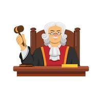 Juez personaje de ley sentado en el escritorio con concepto de martillo en vector de ilustración de dibujos animados aislado en fondo blanco