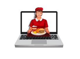 trabajador de comida rápida chica dando comida desde la computadora portátil. Concepto de símbolo de entrega de pedido en línea en vector de ilustración de dibujos animados