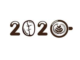 Tipografía 2020 con adorno de símbolo de café para saludar el año nuevo. tema de café. adecuado para folletos, carteles, pancartas y calendario. concepto de ilustración vectorial editable vector