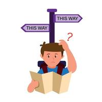 man looking map confusing choose way with road sign, cartoon illustration for traveller and backpacker editable vector
