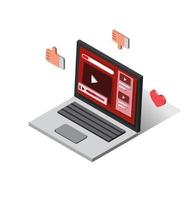 laptop with video streaming website with love tumbs up and down icon in isometric flat illustration vector isolated in white background