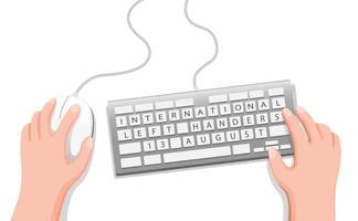 celebración del día internacional de los zurdos, mano sosteniendo el mouse y el teclado usando el símbolo de computadora. concepto en vector de ilustración de dibujos animados aislado en fondo blanco