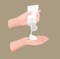 hand squeezing and pouring cream lotion from product pouch packaging in cartoon realistic illustration editable vector