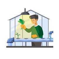 Hydroponic farm. man harvesting organic vegetable from hydrophonic green house concept in cartoon illustration vector