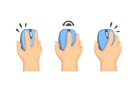 Hand holding Computer Mouse, Wireless Mouse Guide Instruction Symbol in Cartoon Illustration Vector on White Background