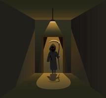 Killer angel sillhouette behind door on dark corridor room horror scene concept in cartoon illustration vector