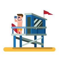 Lifeguard patrol use binocular on lifeguard tower beach flat illustration vector