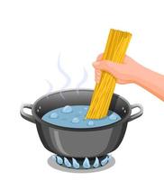 cocinar espaguetis. Mano poner espaguetis en agua hirviendo símbolo de la cacerola para la ilustración de instrucciones de cocción de pasta en vector de dibujos animados aislado sobre fondo blanco