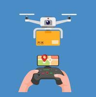 Drone carrying package delivery hand holding remote to control drone with monitor gps in cartoon flat illustration editable vector isolated in blue background