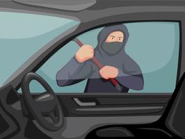 Thieft holding crowbar trying to break window car. crime scene stealing car concept in cartoon illustration vector