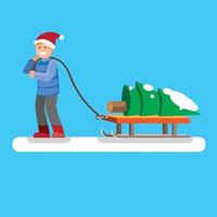 man pulling a tree on sled in winter, flat illustration vector